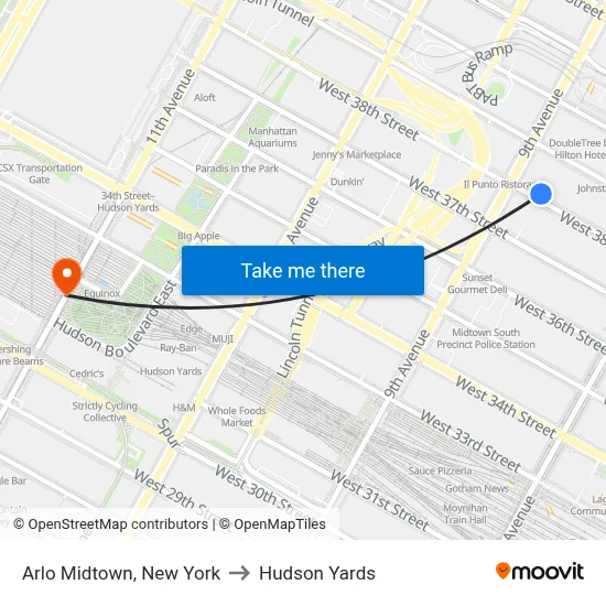 Arlo Midtown, New York to Hudson Yards map