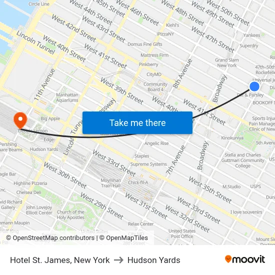 Hotel St. James, New York to Hudson Yards map