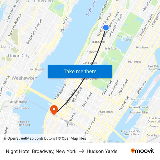 Night Hotel Broadway, New York to Hudson Yards map