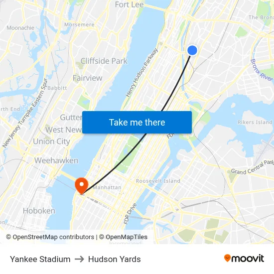 Yankee Stadium to Hudson Yards map
