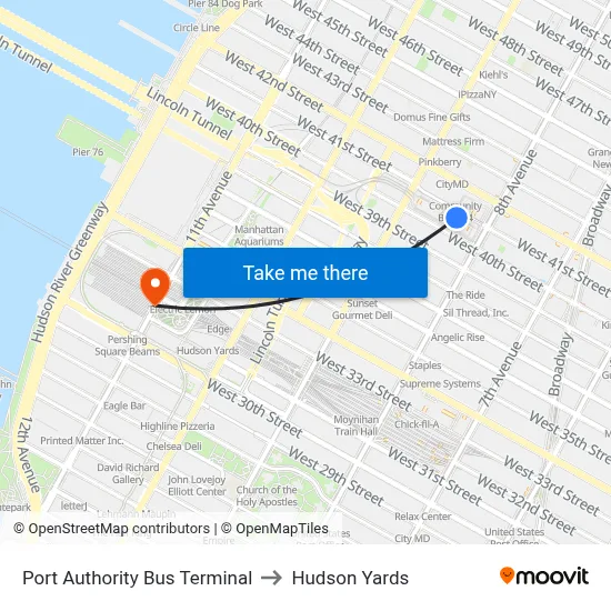 Port Authority Bus Terminal to Hudson Yards map