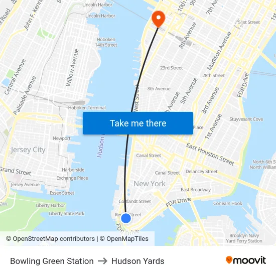 Bowling Green Station to Hudson Yards map