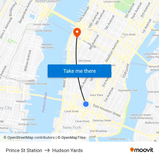 Prince St Station to Hudson Yards map