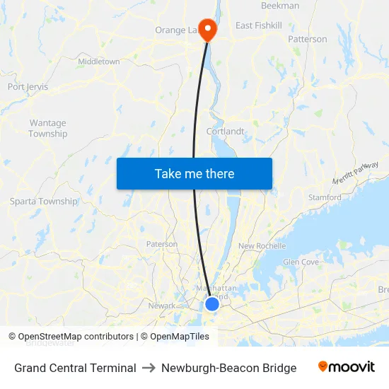 Grand Central Terminal to Newburgh-Beacon Bridge map