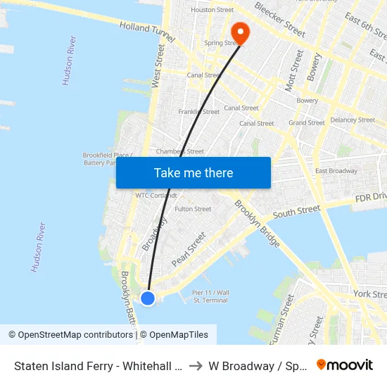 Staten Island Ferry - Whitehall Terminal to W Broadway / Spring St map