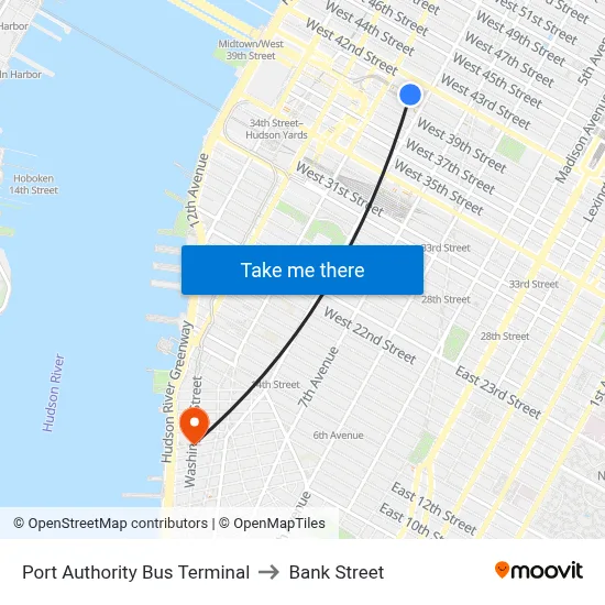 Port Authority Bus Terminal to Bank Street map