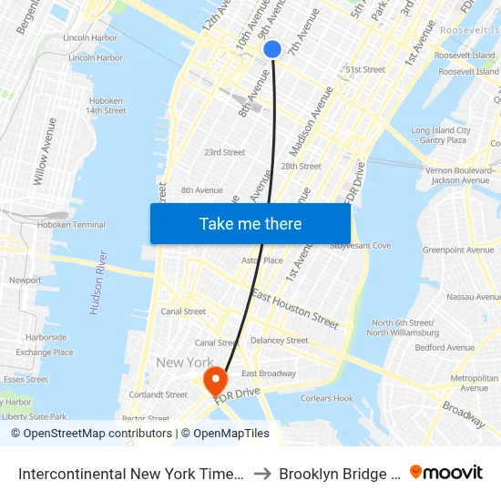 Intercontinental New York Times Square to Brooklyn Bridge Prom map