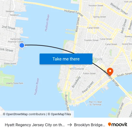 Hyatt Regency Jersey City on the Hudson to Brooklyn Bridge Prom map