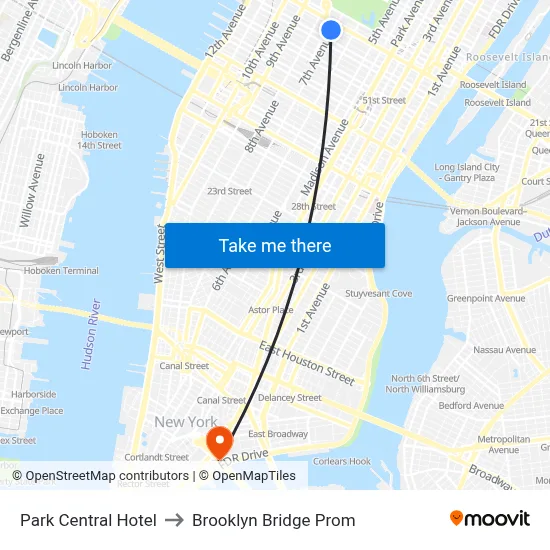 Park Central Hotel to Brooklyn Bridge Prom map