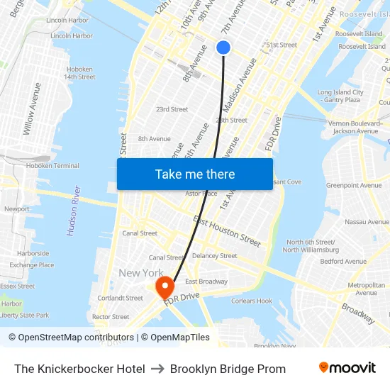 The Knickerbocker Hotel to Brooklyn Bridge Prom map