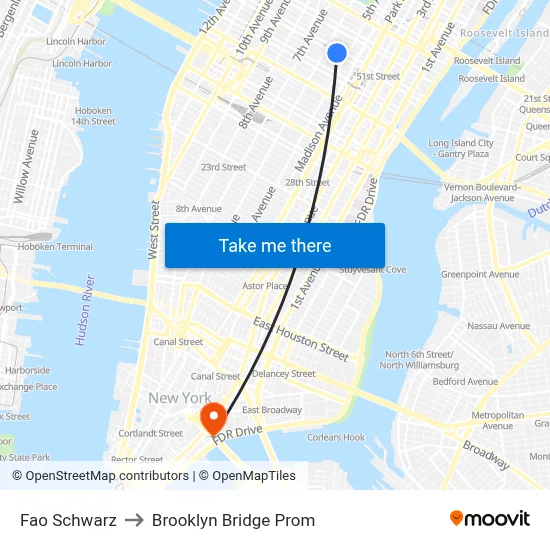 Fao Schwarz to Brooklyn Bridge Prom map