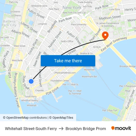 Whitehall Street-South Ferry to Brooklyn Bridge Prom map