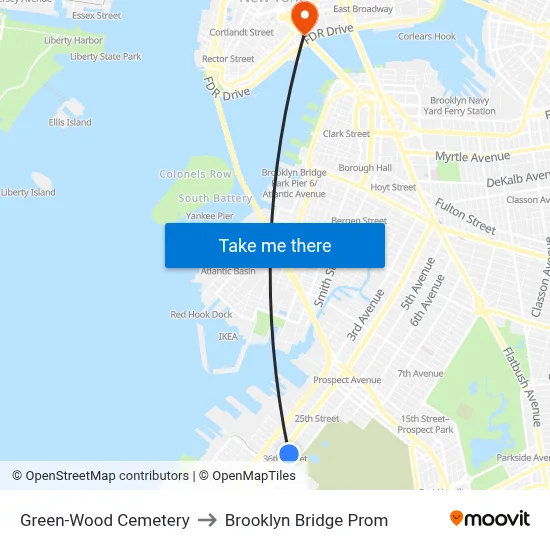 Green-Wood Cemetery to Brooklyn Bridge Prom map