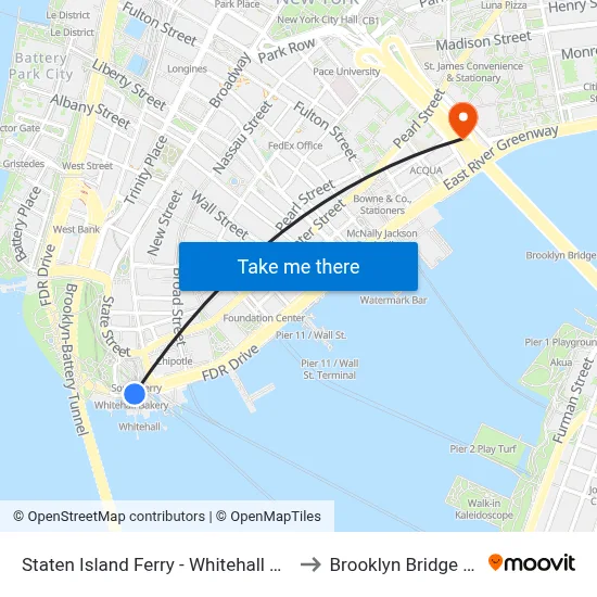 Staten Island Ferry - Whitehall Terminal to Brooklyn Bridge Prom map