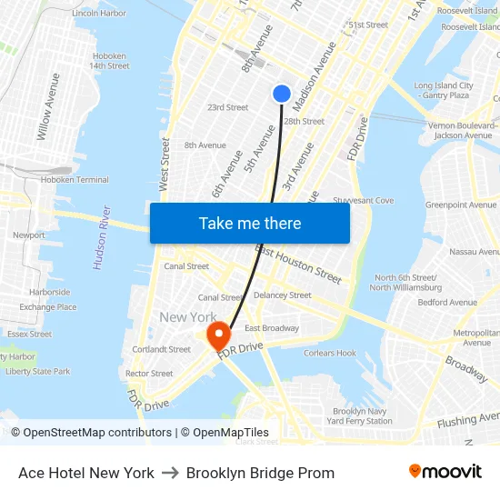 Ace Hotel New York to Brooklyn Bridge Prom map