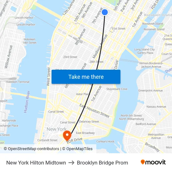 New York Hilton Midtown to Brooklyn Bridge Prom map