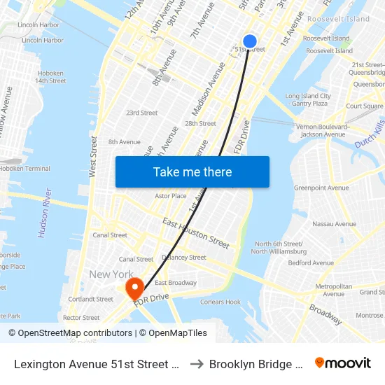 Lexington Avenue 51st Street Station to Brooklyn Bridge Prom map