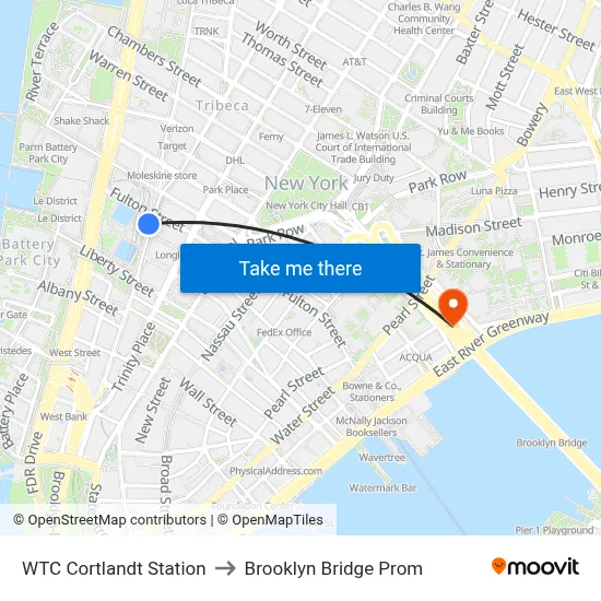 WTC Cortlandt Station to Brooklyn Bridge Prom map