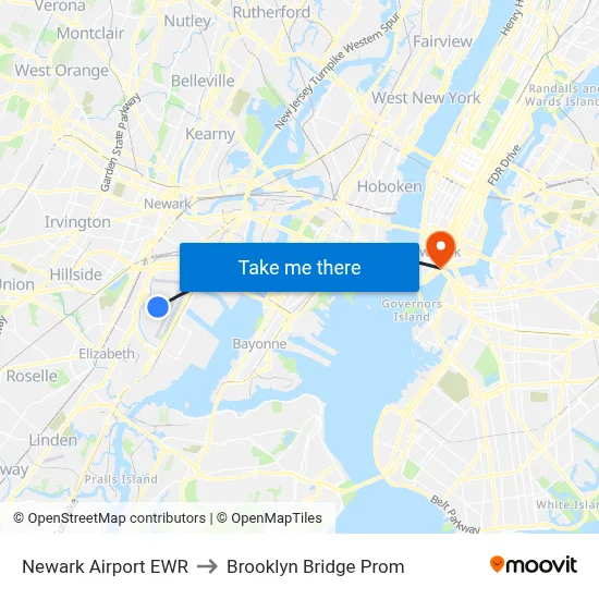 Newark Airport EWR to Brooklyn Bridge Prom map
