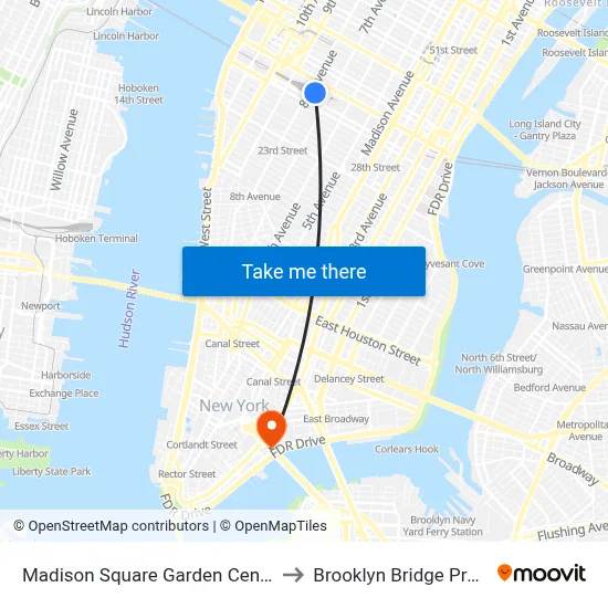 Madison Square Garden Center to Brooklyn Bridge Prom map