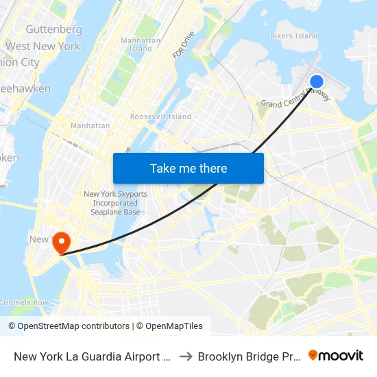 New York La Guardia Airport LGA to Brooklyn Bridge Prom map
