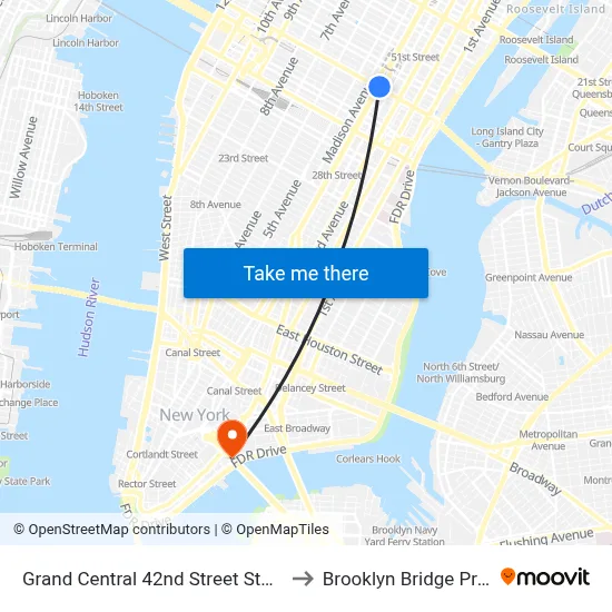 Grand Central 42nd Street Station to Brooklyn Bridge Prom map