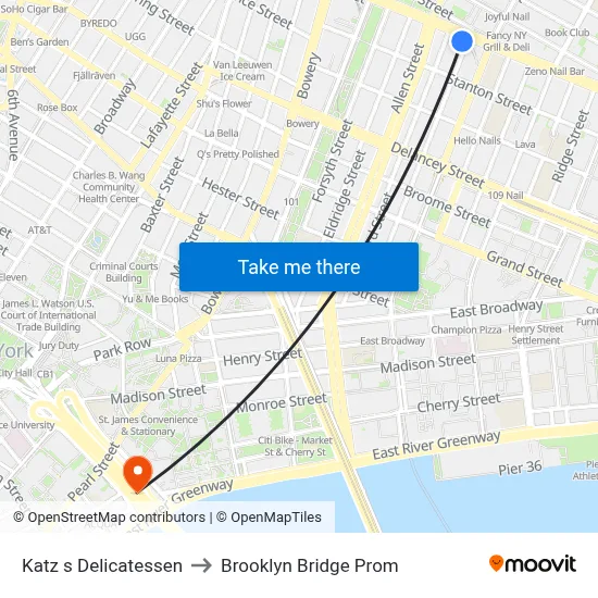 Katz s Delicatessen to Brooklyn Bridge Prom map