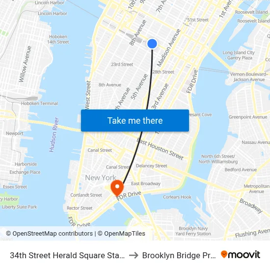 34th Street Herald Square Station to Brooklyn Bridge Prom map