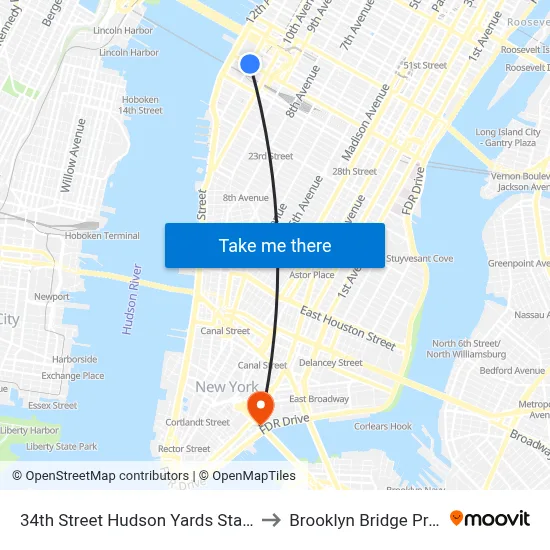 34th Street Hudson Yards Station to Brooklyn Bridge Prom map