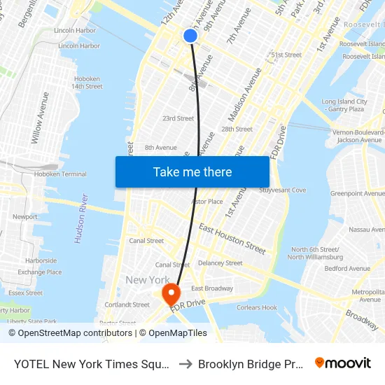 YOTEL New York Times Square to Brooklyn Bridge Prom map