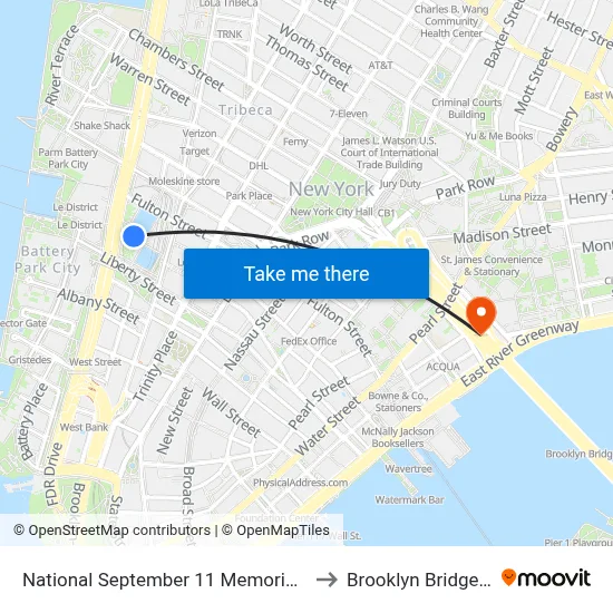 National September 11 Memorial Museum to Brooklyn Bridge Prom map