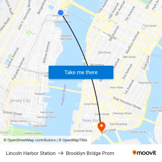 Lincoln Harbor Station to Brooklyn Bridge Prom map
