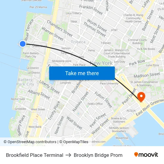 Brookfield Place Terminal to Brooklyn Bridge Prom map