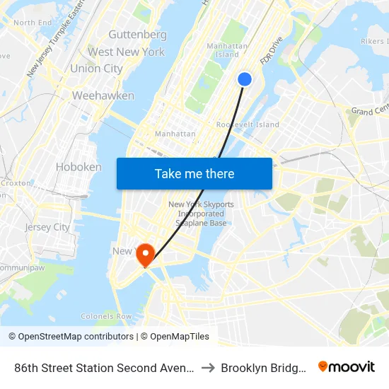 86th Street Station Second Avenue Subway to Brooklyn Bridge Prom map