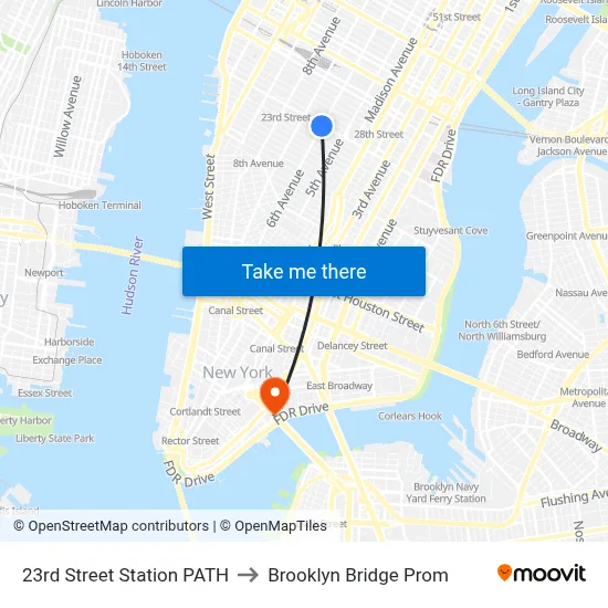 23rd Street Station PATH to Brooklyn Bridge Prom map