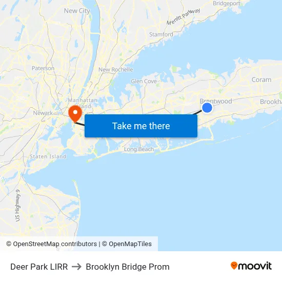 Deer Park LIRR to Brooklyn Bridge Prom map