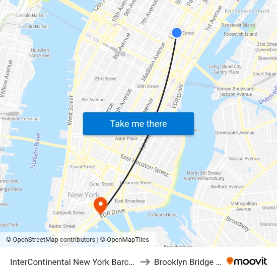 InterContinental New York Barclay Hotel to Brooklyn Bridge Prom map