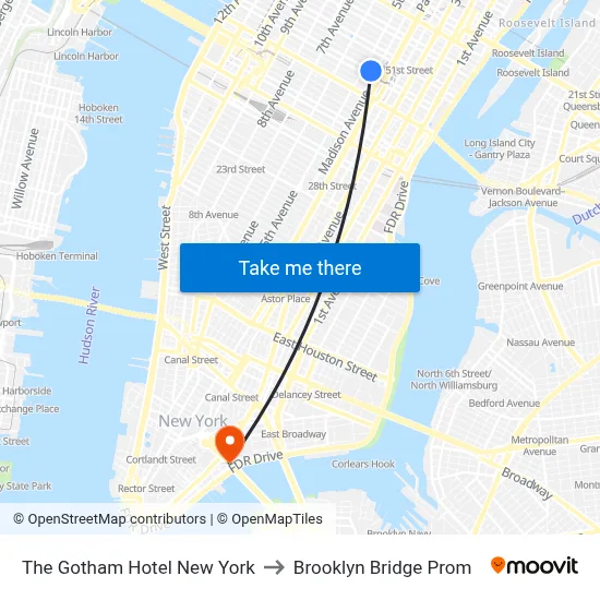 The Gotham Hotel New York to Brooklyn Bridge Prom map