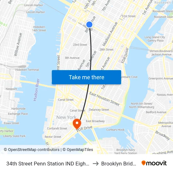 34th Street Penn Station IND Eighth Avenue Line to Brooklyn Bridge Prom map