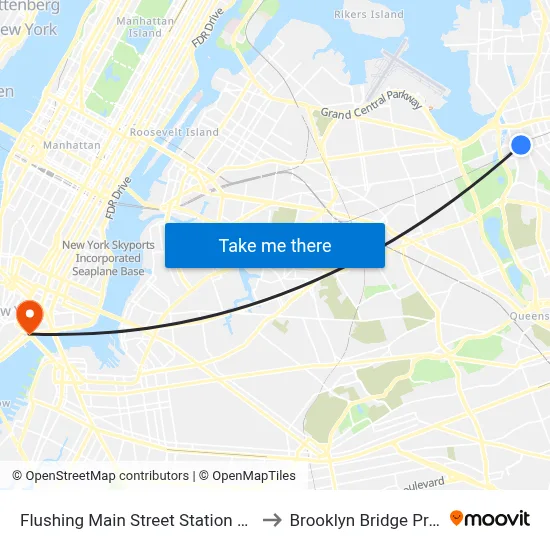 Flushing Main Street Station LIRR to Brooklyn Bridge Prom map