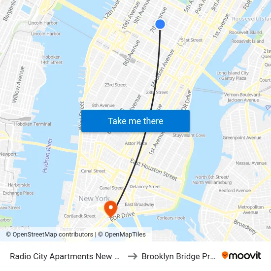 Radio City Apartments New York to Brooklyn Bridge Prom map