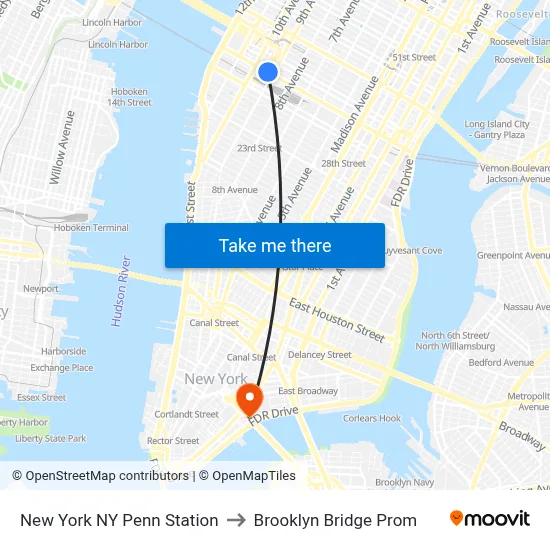 New York NY Penn Station to Brooklyn Bridge Prom map