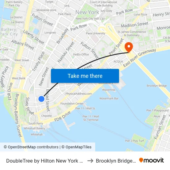 DoubleTree by Hilton New York Downtown to Brooklyn Bridge Prom map