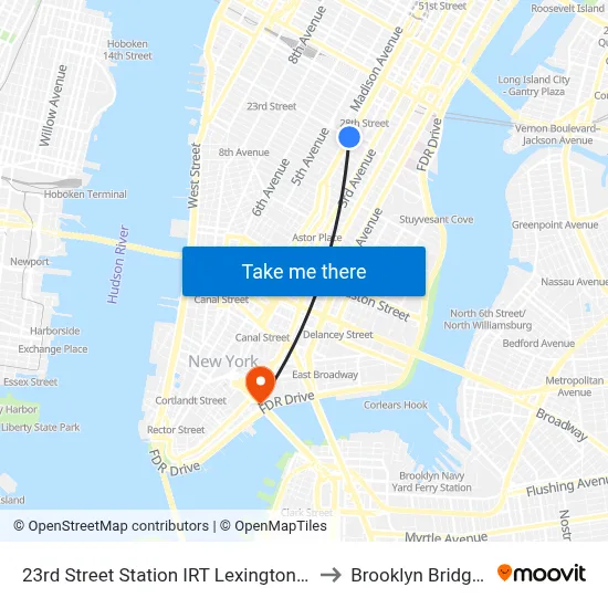 23rd Street Station IRT Lexington Avenue Line to Brooklyn Bridge Prom map