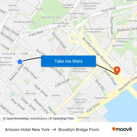 Artezen Hotel New York to Brooklyn Bridge Prom map