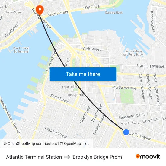Atlantic Terminal Station to Brooklyn Bridge Prom map