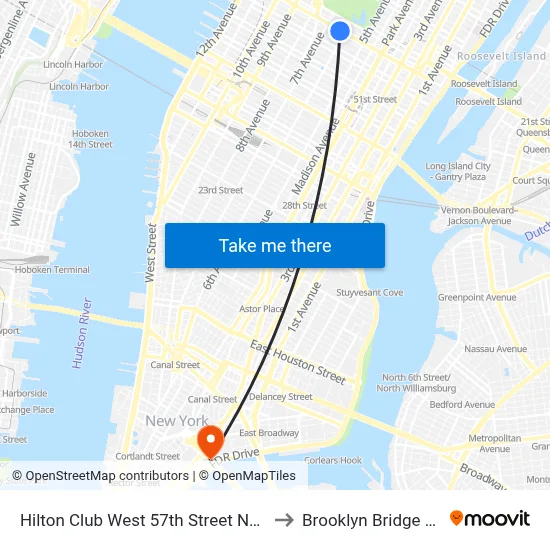 Hilton Club West 57th Street New York to Brooklyn Bridge Prom map