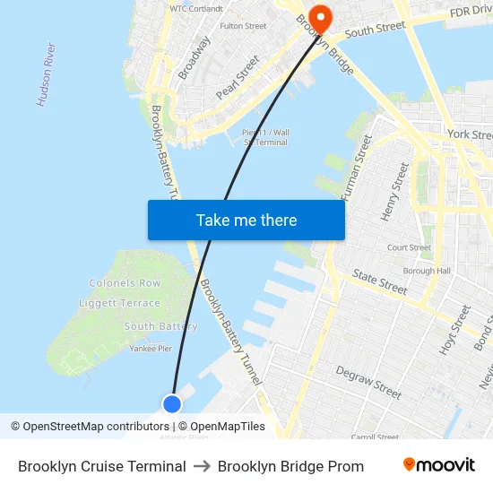 Brooklyn Cruise Terminal to Brooklyn Bridge Prom map