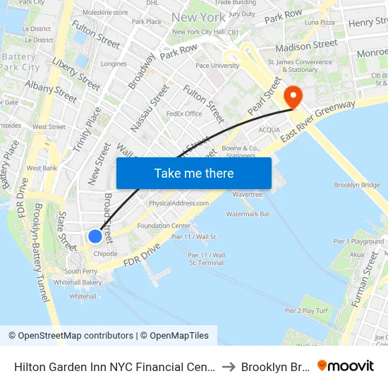 Hilton Garden Inn NYC Financial Center/Manhattan Downtown to Brooklyn Bridge Prom map