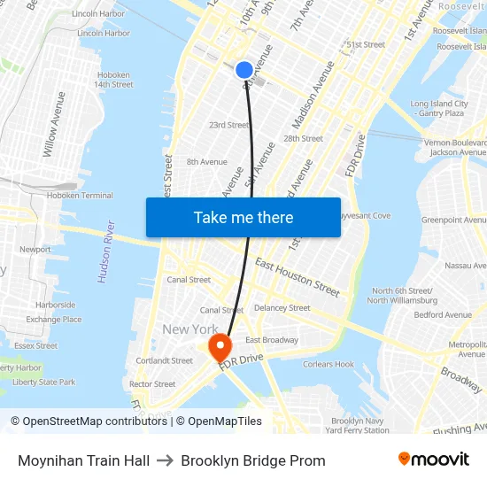 Moynihan Train Hall to Brooklyn Bridge Prom map
